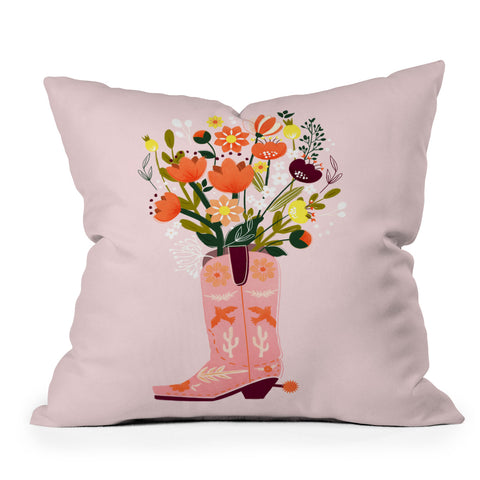 Showmemars Pink Cowboy Boot and Wild Flowers Throw Pillow