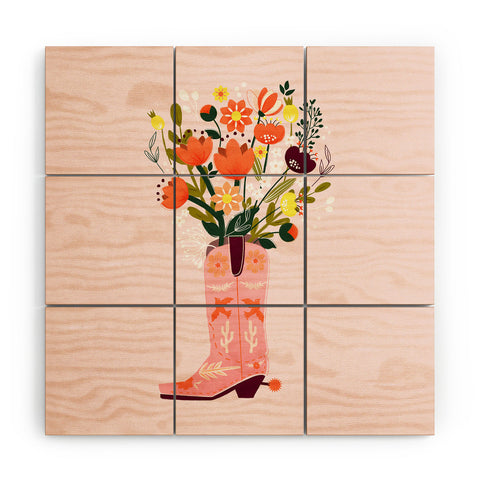 Showmemars Pink Cowboy Boot and Wild Flowers Wood Wall Mural