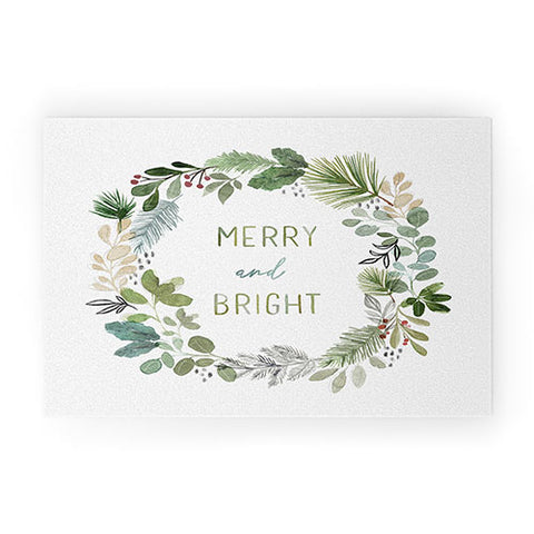 Stephanie Corfee Merry Bright Watercolor Wreath Welcome Mat