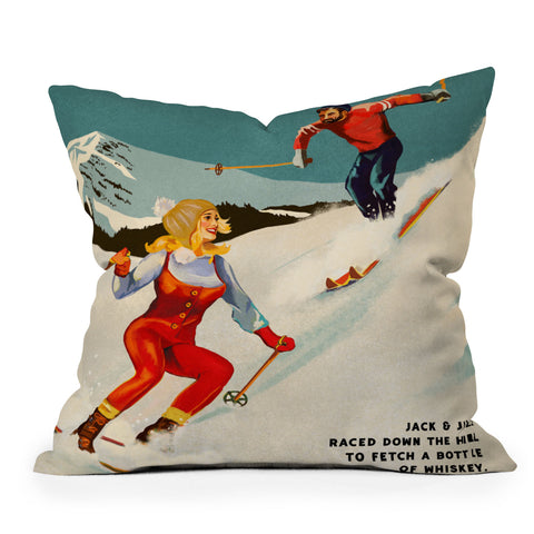 The Whiskey Ginger Apres Retro Pinup Ski Art Outdoor Throw Pillow