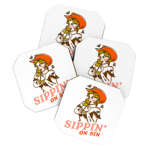 The Whiskey Ginger Sippin On Sin Retro Cowgirl Coaster Set