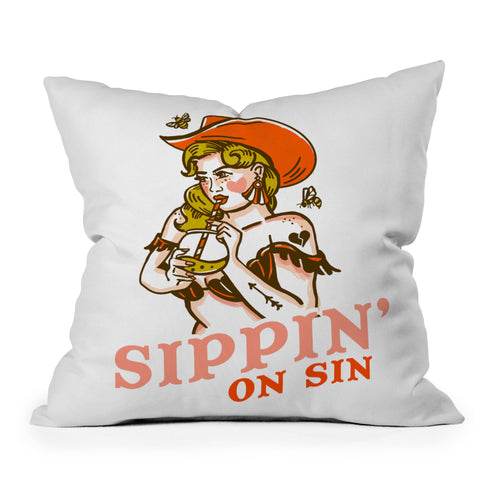 The Whiskey Ginger Sippin On Sin Retro Cowgirl Throw Pillow