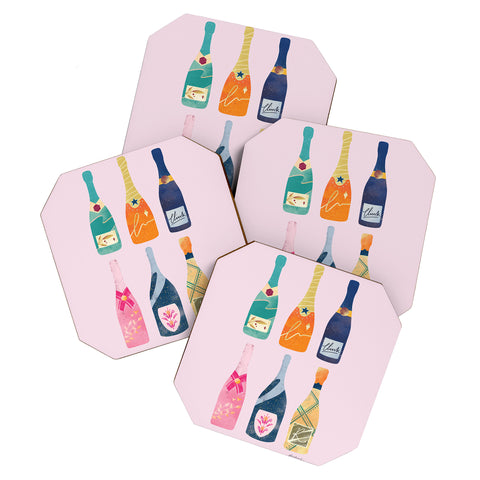 Thearticsoul Champagne Bottles Pink Coaster Set