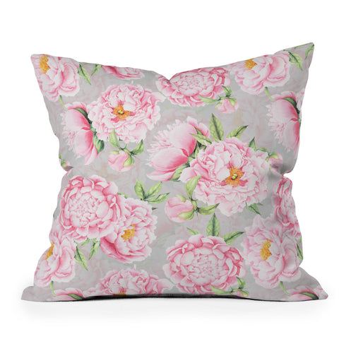 UtArt Hygge Blush Pink Peonies Pattern on Gray Outdoor Throw Pillow