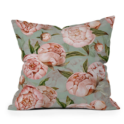 UtArt Peach Peonies Watercolor Pattern on Teal Sepia Outdoor Throw Pillow