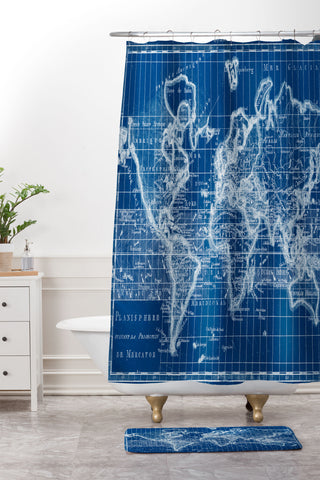 Adam Shaw World Map Blueprint Shower Curtain And Mat