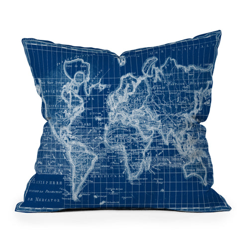 Adam Shaw World Map Blueprint Throw Pillow