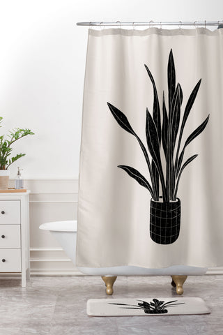 Alisa Galitsyna Black and White Snake Plant Shower Curtain And Mat