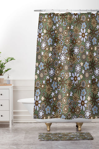 Alisa Galitsyna Blue and Brown Retro Bloom Shower Curtain And Mat