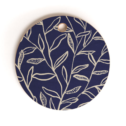 Alisa Galitsyna Navy Blue Patterned Leaves Cutting Board Round