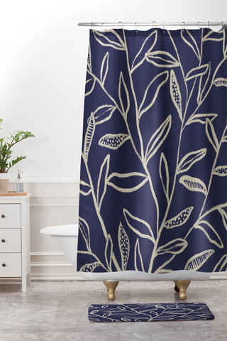 Alisa Galitsyna Navy Blue Patterned Leaves Shower Curtain And Mat