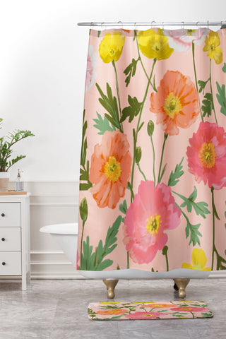 alison janssen Large Poppy Coral Shower Curtain And Mat
