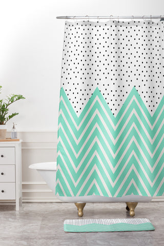 Allyson Johnson Minty Chevron And Dots Shower Curtain And Mat