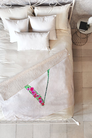 Amy Sia Floral Monogram Letter V Fleece Throw Blanket