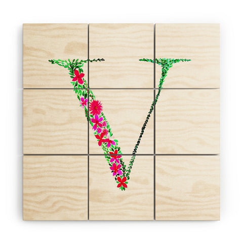 Amy Sia Floral Monogram Letter V Wood Wall Mural