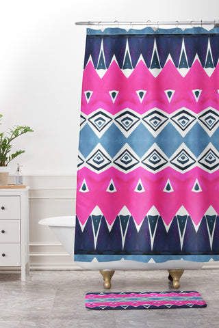 Amy Sia Geo Triangle 2 Pink Navy Shower Curtain And Mat