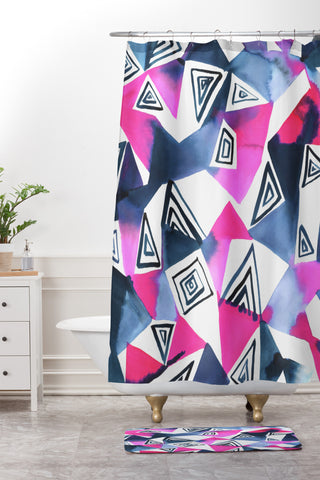 Amy Sia Geo Triangle Pink Navy Shower Curtain And Mat