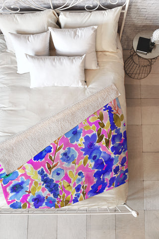 Amy Sia Isla Floral Pink Blue Fleece Throw Blanket