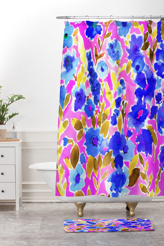 Amy Sia Isla Floral Pink Blue Shower Curtain And Mat