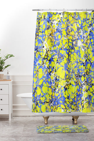 Amy Sia Marble Bubble Blue Yellow Shower Curtain And Mat