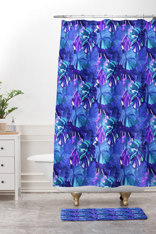 Amy Sia Welcome to the Jungle Palm Blue Shower Curtain And Mat