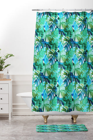 Amy Sia Welcome to the Jungle Palm Green Shower Curtain And Mat