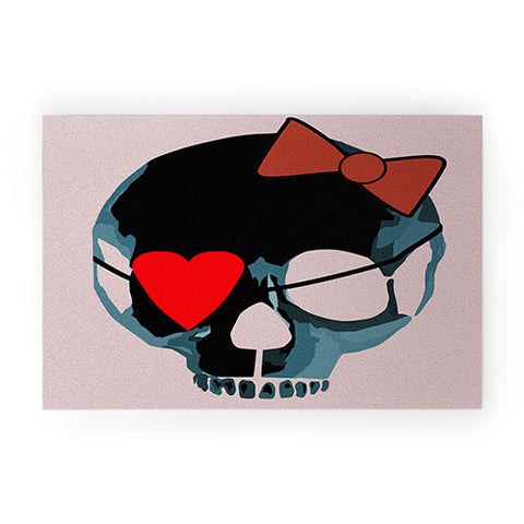 Amy Smith Blue Skull with Bow Welcome Mat