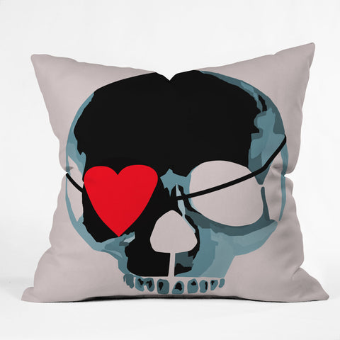Amy Smith Blue Skull With Heart Eyepatch Outdoor Throw Pillow