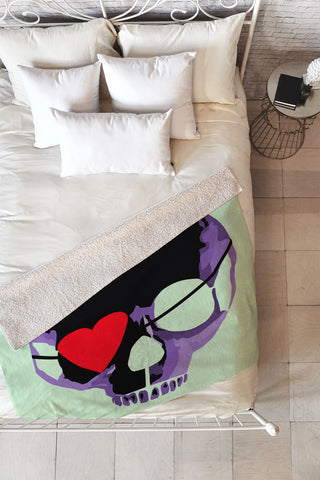 Amy Smith Purple Skull With Heart Eyepatch Fleece Throw Blanket