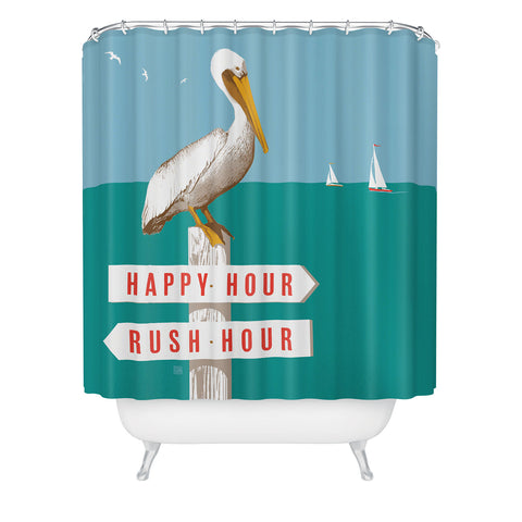 Anderson Design Group Pelican On Rush Hour Happy Hour Sign Shower Curtain