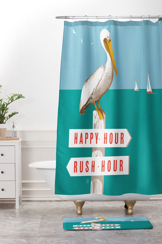 Anderson Design Group Pelican On Rush Hour Happy Hour Sign Shower Curtain And Mat