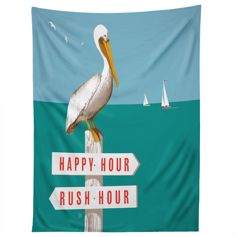 Anderson Design Group Pelican On Rush Hour Happy Hour Sign Tapestry