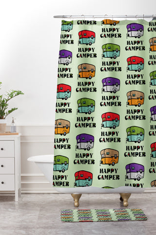 Andi Bird Happy Camper Green Shower Curtain And Mat
