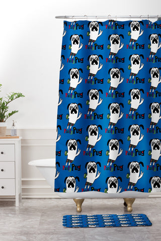 Andi Bird Party Pug Blue Shower Curtain And Mat