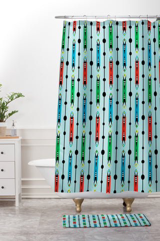 Andi Bird Pointy Retro Aqua Shower Curtain And Mat