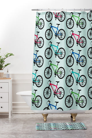 Andi Bird Ride A Bike Aqua Shower Curtain And Mat