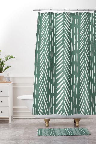 Angela Minca Abstract herringbone green Shower Curtain And Mat