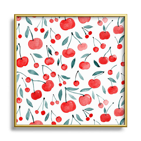 Angela Minca Cherries red and teal Square Metal Framed Art Print