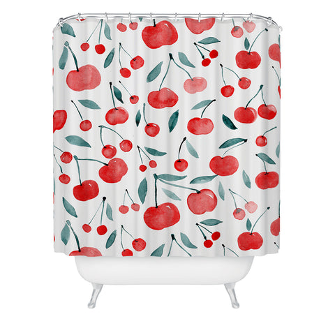 Angela Minca Cherries red and teal Shower Curtain