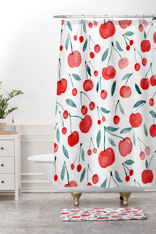 Angela Minca Cherries red and teal Shower Curtain And Mat