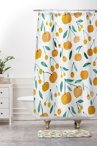 Angela Minca Cherries yellow and green Shower Curtain And Mat