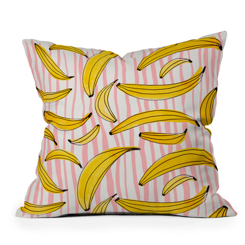 Angela Minca Doodle bananas on pink stripes Throw Pillow