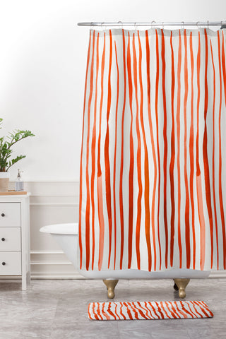 Angela Minca Doodle orange lines Shower Curtain And Mat