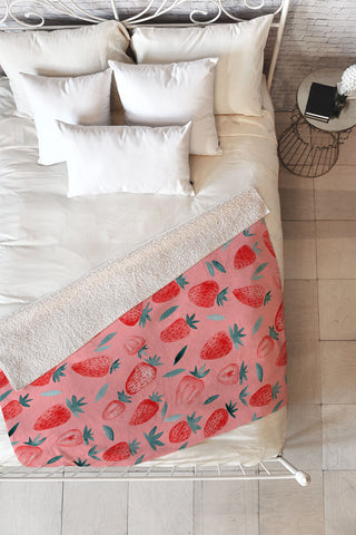 Angela Minca Pink strawberries Fleece Throw Blanket