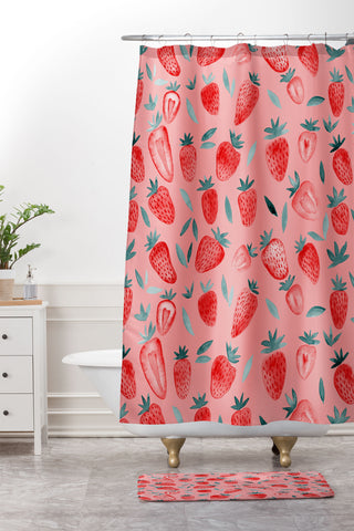 Angela Minca Pink strawberries Shower Curtain And Mat