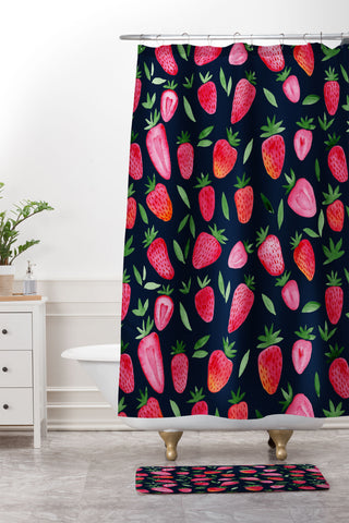 Angela Minca Strawberries on dark blue Shower Curtain And Mat