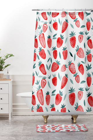Angela Minca Strawberries red and teal Shower Curtain And Mat