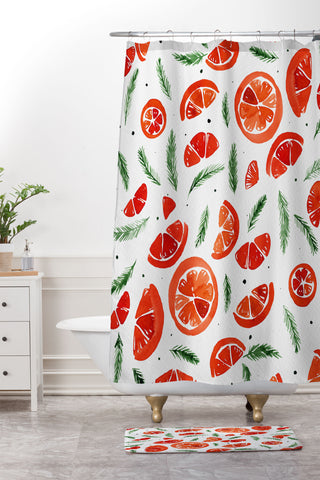Angela Minca Watercolor oranges and pine Shower Curtain And Mat