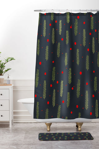 Angela Minca Xmas branches and berries 3 Shower Curtain And Mat