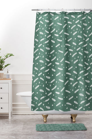 Angela Minca Xmas branches and stars green Shower Curtain And Mat